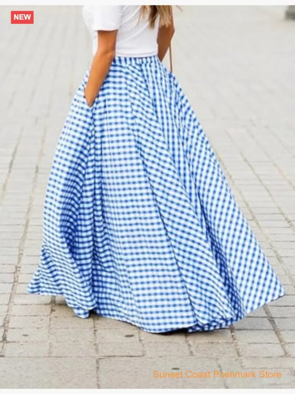 Gingham Maxi Skirt High Waist Pleated A Line Flowy Long Summer - Picture 4 of 7